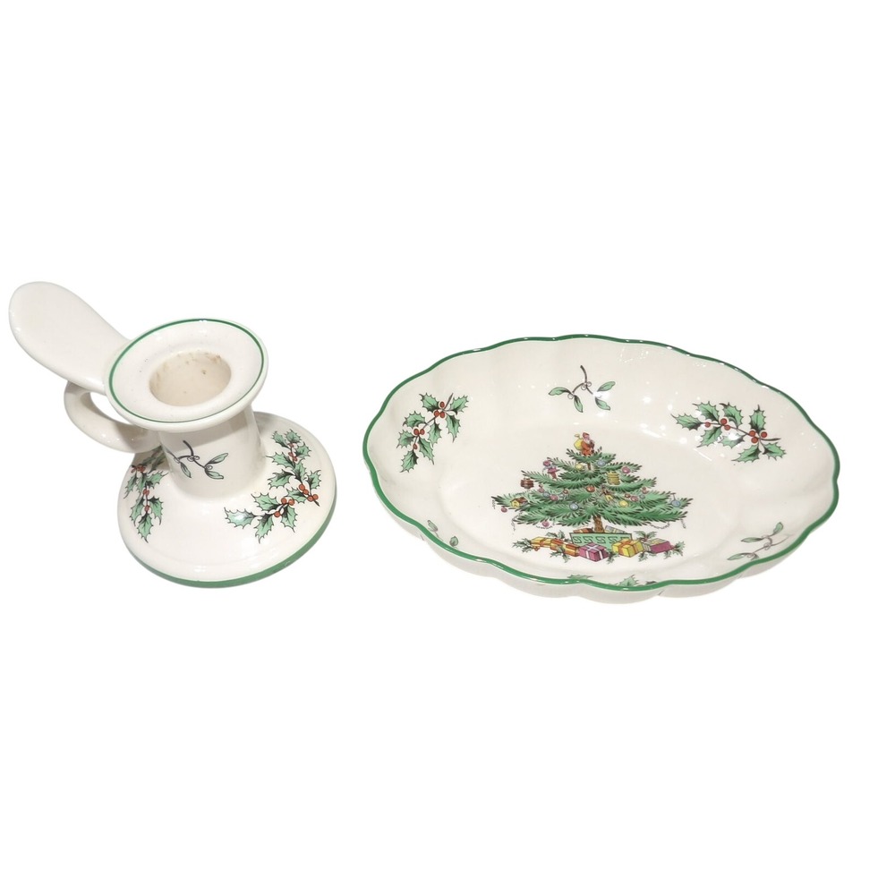 Spode Christmas Tree Chamberstick Candle Holder and Scalloped Oval Dish Set